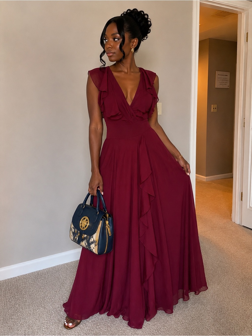 Elegant Burgundy Ruffle V-Neck Maxi Dress